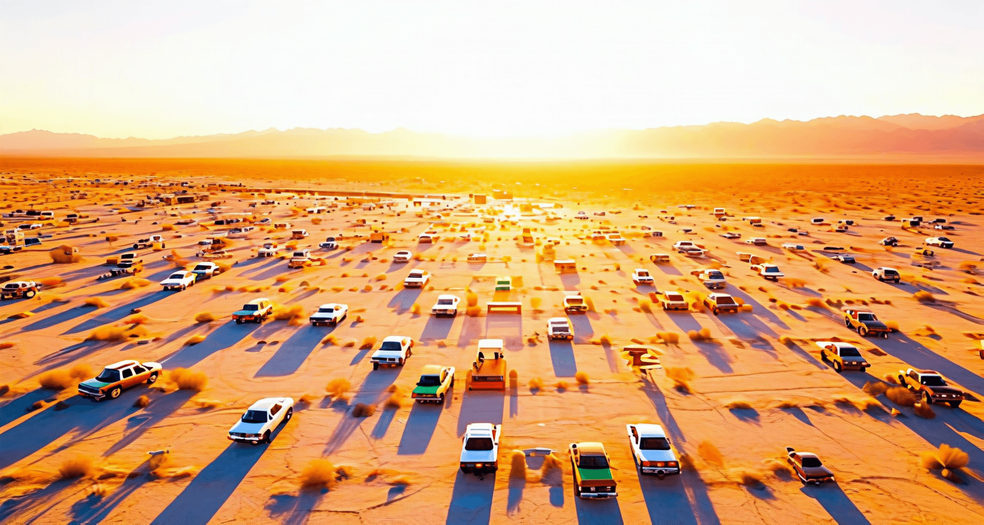 Aerial view of a desert festival at golden hour